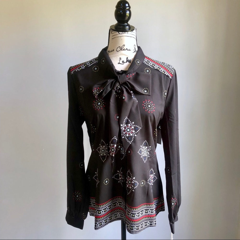 Black Printed Tie-Neck Top